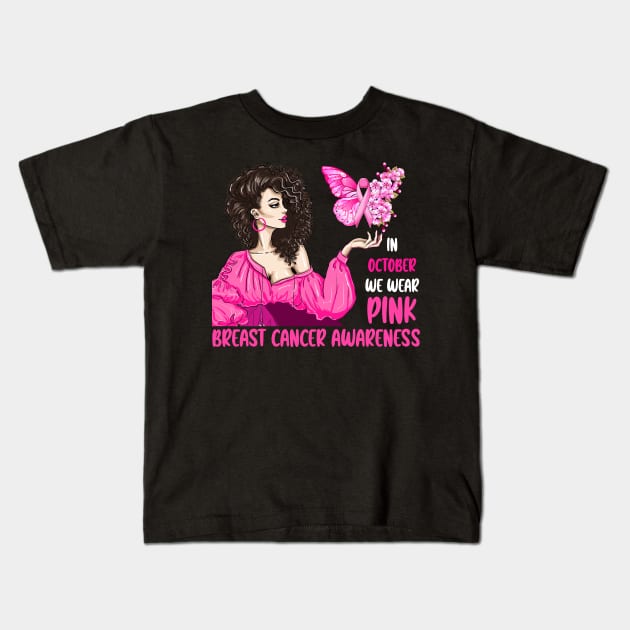 Afro Girl In October We Wear Pink Breast Cancer Pink Ribbon Flower Kids T-Shirt by Gendon Design